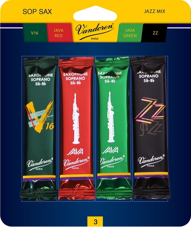 Vandoren SRMIXS3 Soprano Sax Jazz Reed Mix Card includes 1 each ZZ, V16, JAVA and JAVA Red Strength 3 - Image 1